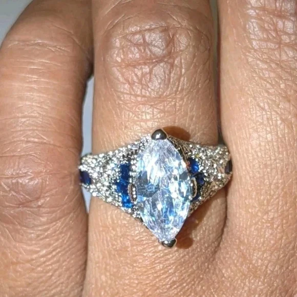 Ladie's 5ct Marquise White Cubic Zirconia Engagement Ring With Sapphire Accents