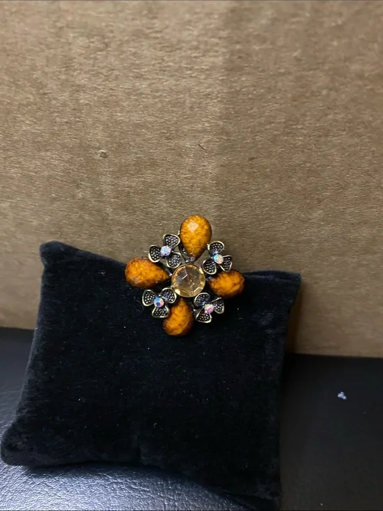 Vintage Orange Floral Crystal Adjustable Statement Ring