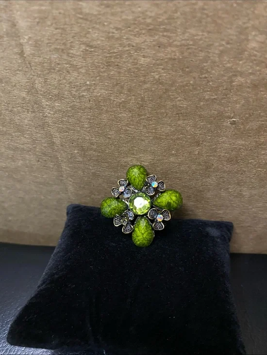 Vintage Green Floral Crystal Adjustable Statement Ring