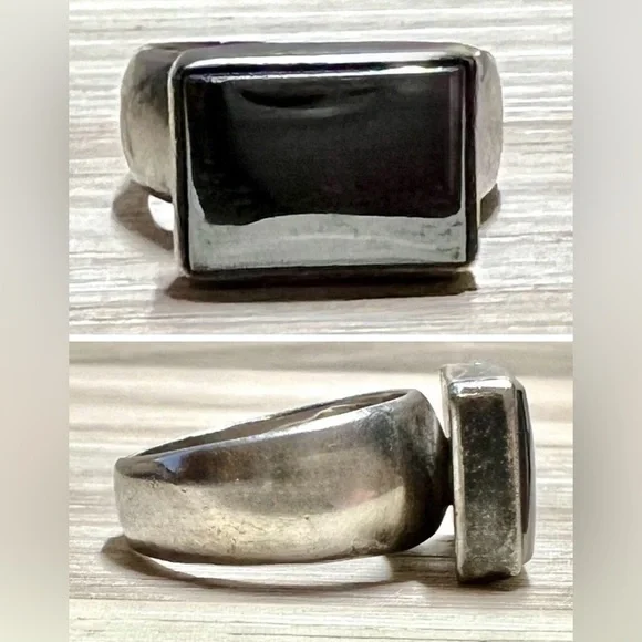 Vintage Handmade Designer Signed Heavy 950 Silver Hematite Band Ring, Size 7