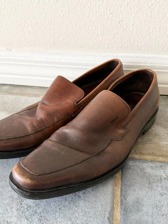 Hugo Boss Brown Leather Loafers Mens 9 Slip On Square Toe Dress Shoes