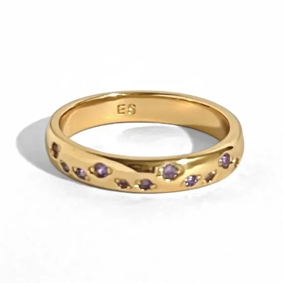 ES Gold Tone Ring Band Tiny Purple Stone Accents Size 5.75 Feminine Minimalist