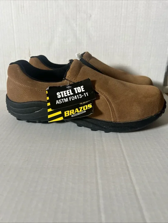 BRAZOS Steel Toe Slip Resistant Suede Work Shoes Size 10 Slip-on Brown Black NEW