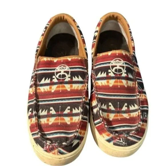 Mens Slip-On Shoes With Aztec Print Canvas & Suede Accents Size 10