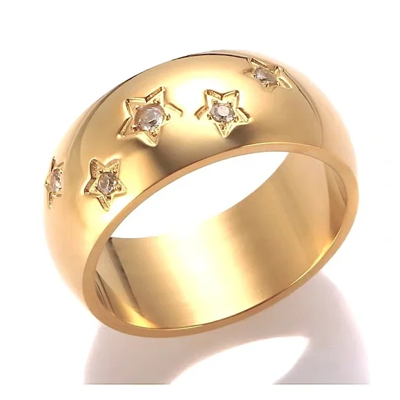 NEW Unisex‎ Women’s Wide Gold Plated Simulated Diamond Star Ring 8mm Band Size 8
