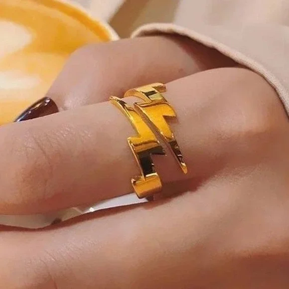 Lightning Bolt Ring 18K‎ Gold Plated Titanium Steel Minimalist Adjustable Size 8