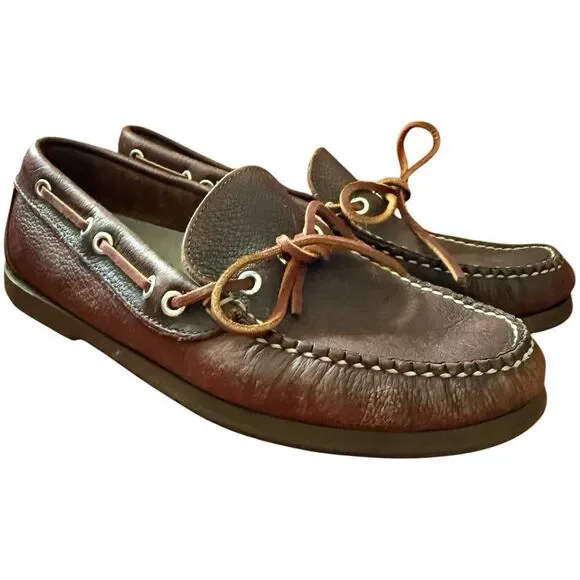 L.L.Bean Men's Brown Leather Boat Shoes  Camp Moccasins Lace-Up US 8 D Round Toe