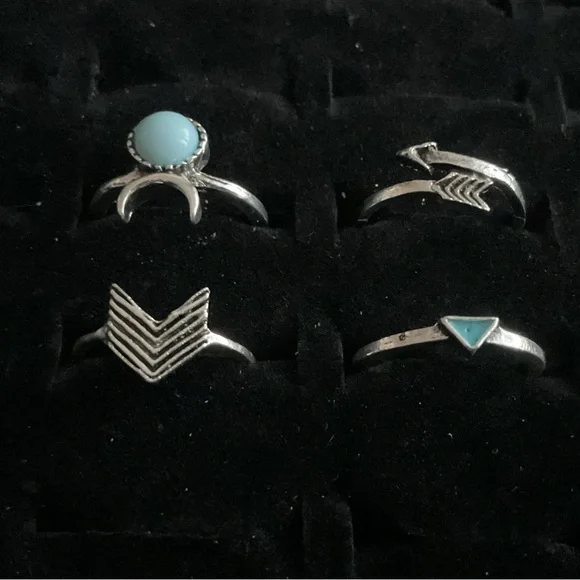 New x4 Silver Tone Rings Western Moon Arrow Synthetic Blue Turquoise Boho Set 4