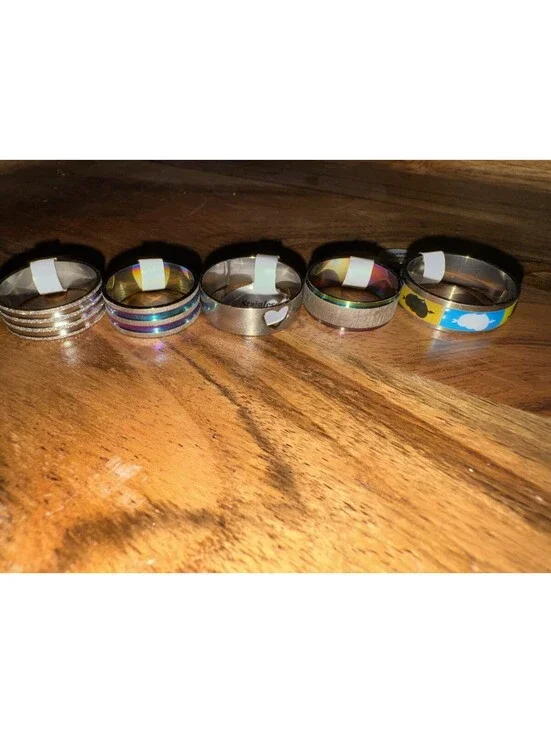 Lot of 5 Stainless Steel Ring- Oil Slick, PopArt, Heart, Glitter - Various Sizes