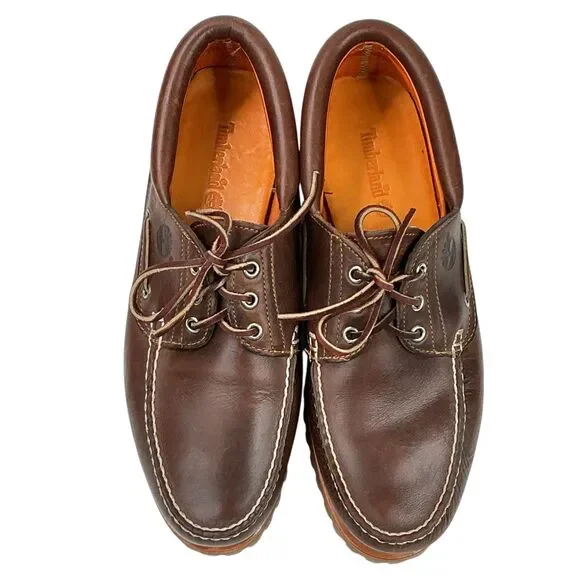 Timberland 3-Eye Lug Boat Shoes Brown Full Grain Leather Mens Size 11 M Handsewn