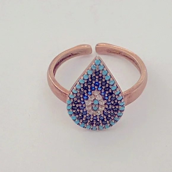 🧿 925 Silver ring drop evil eye cz turquoise stones 14k rose gold plated