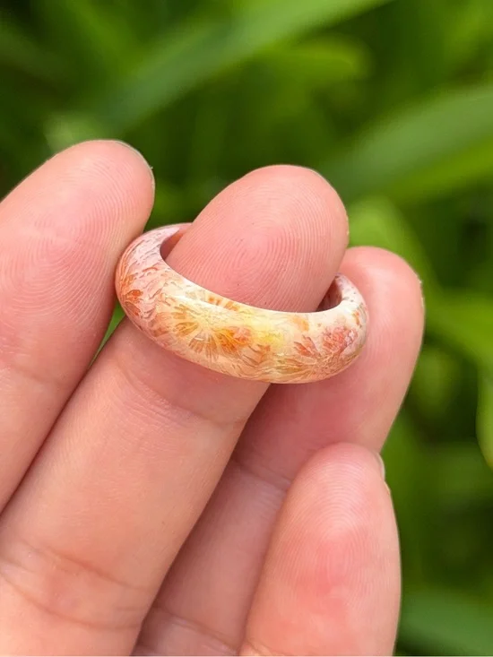 Size 7.5 Handcrafted Floral Coral Jade Dome Ring Peach Orange Color 1757