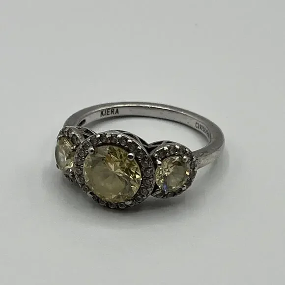 KIERA COUTURE 925 STERLING SILVER 3 CANARY YELLOW CRYSTALS HALO RING Sz 8