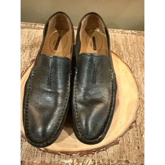 Clarks Benero Race Mens Blk Leather Slip On Moccasin Loafers‎ Shoes Size 8.5