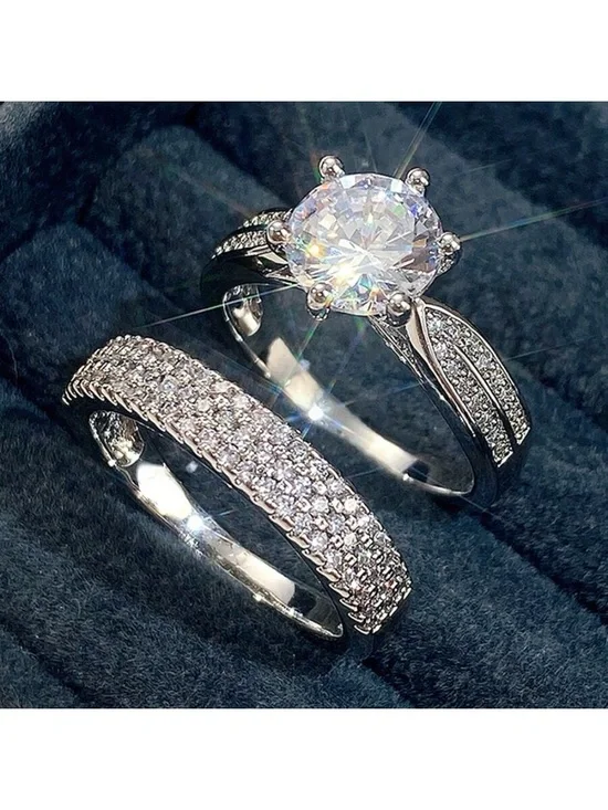Sterling Silver Bridal Ring Set with Clear CZ Solitaire and Pave Bands