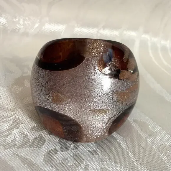 Artisan Lampwork Style Art Glass Dome Ring Sz 6.25 Luminous Brown Silver Copper