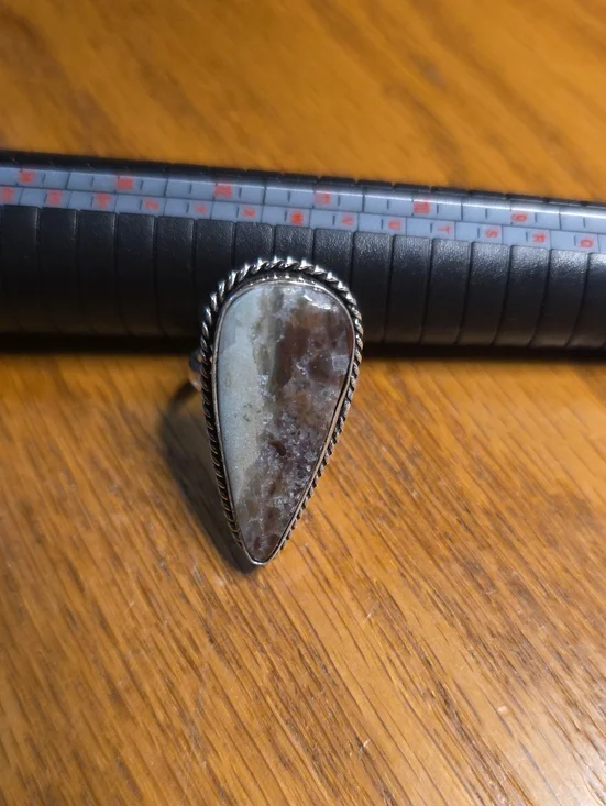 Teardrop Natural Stone Silver-Tone Statement Ring - Brown & Cream