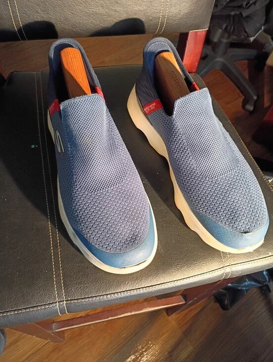Skechers Navy Blue Slip-On Knit Loafers with Red Pull Tabs