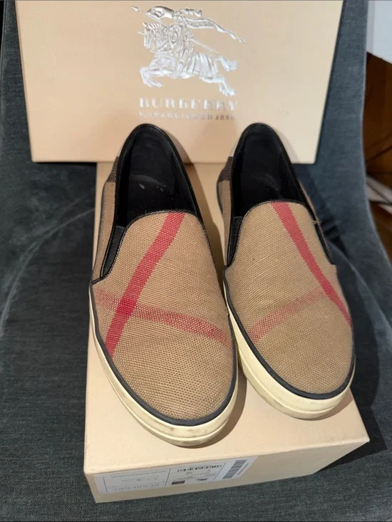 Burberry Tan & Red Canvas Slip-On Loafers