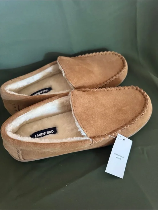Lands' End Men's Chestnut Suede Moccasin Slippers with Faux-Shearling