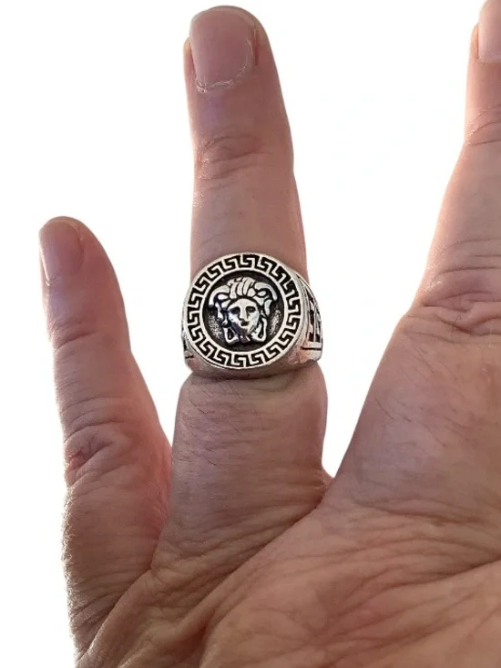 Silver tone Greek Medusa Signet Ring