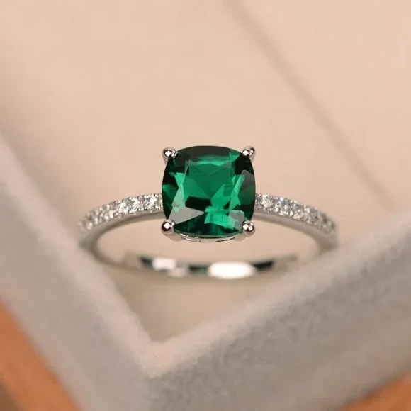 Emerald-Cut Green Solitaire Ring with Pavé Band - Women Jewelry