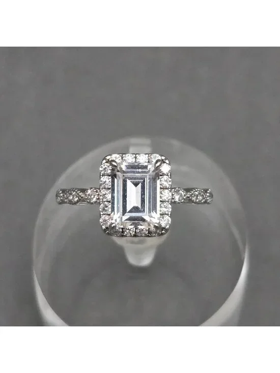 Emerald Cut Halo CZ Statement Ring Sterling Silver Prong Set Size 7.5 Cocktail