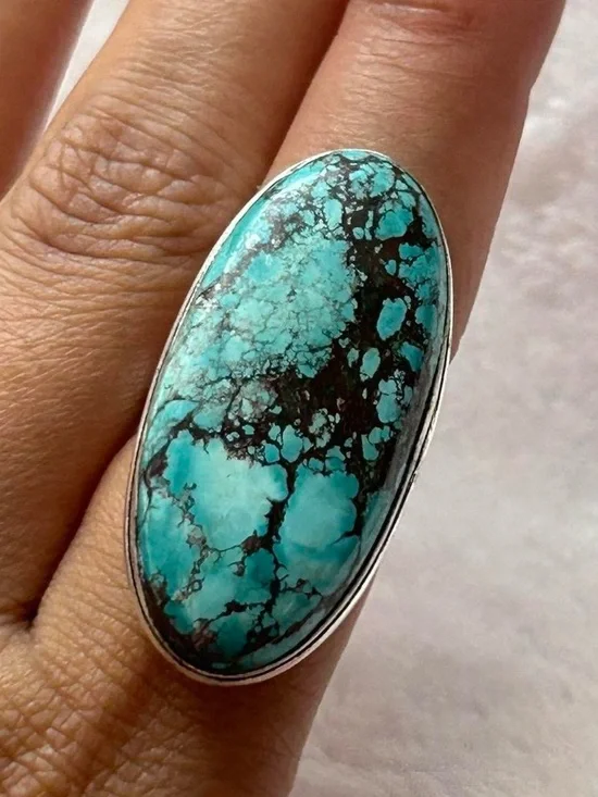 Turquoise Statement Oval Ring - Blue Gemstone 925 Silver Style