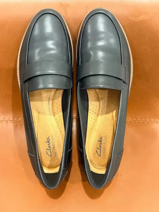 NEW CLARKS SHARON GRACIE WOMEN'S BLACK SLIP-ON LEATHER LOAFERS
