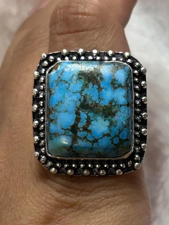 Turquoise Statement Ring with 925 Silver Beaded Halo