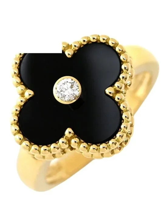 Van Cleef & Arpels Ring Vintage Alhambra Black Yellow Gold 51 Diamond Onyx