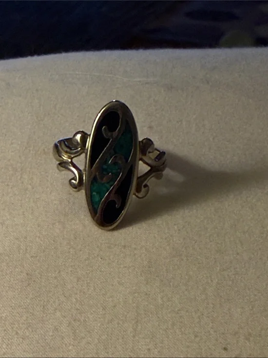 Sterling Silver Oval Green and Black Enamel Statement Ring