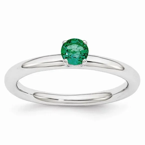 Rhodium Plated Sterling Silver Stackable 4mm Created Emerald Ring Sz 5