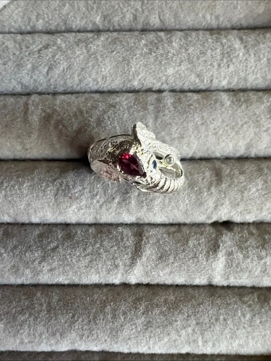 Sterling Silver Elephant Ring with Red Garnet