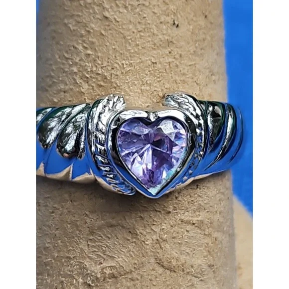 Sterling Silver Amethyst Heart Ring Domed Ridge Love 8mm Wide Size 10