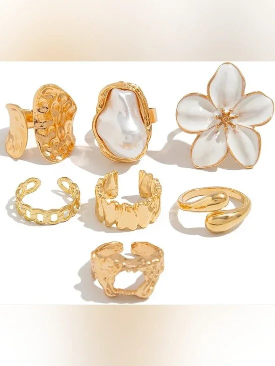 Chunky Statement Gold Rings Set Vintage Stackable Flower Baroque Pearl