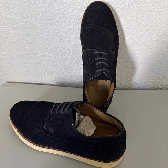 Men's MASSIMO DUTTI‎ Suede Wingtip Oxford Shoes Lace-Up Perforated Loafer Navy