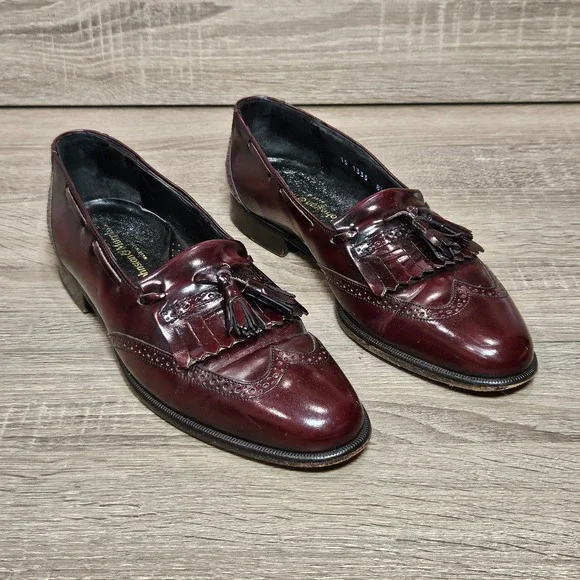 Johnston & Murphy Mens 8.5 M Burgundy Leather Kiltie Tassel Wingtip Loafers 1333