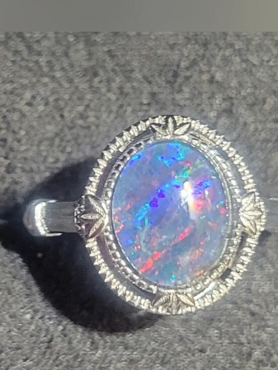 Australian Opal Halo Sterling Silver Ring Adjustable