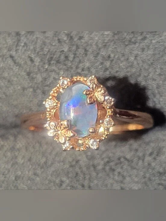 Rose Gold Floral Australian Opal Halo Ring Adjustable