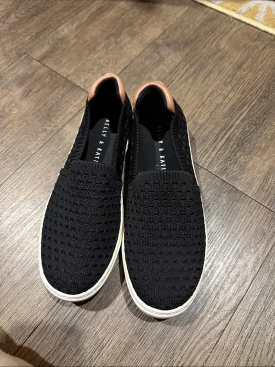 Kelly & Katie Black Knit Slip-On Sneakers with Tan Heel Tab