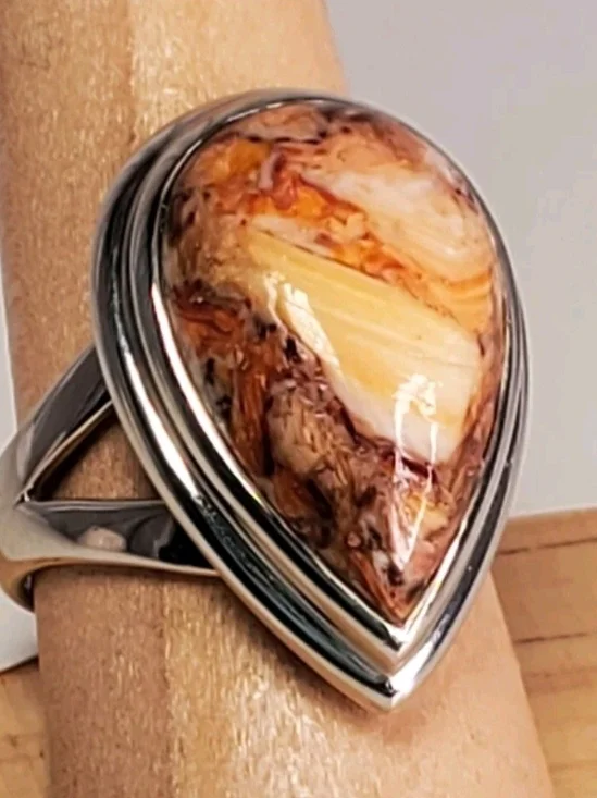 Handcrafted Sterling Silver Teardrop Seashell Jasper Gemstone Ring. Sz. 9 NIB