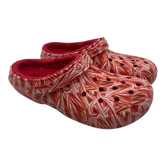 Crocs Classic Lined Candy Cane Clogs Men's Size 12‎ Red White Christmas Slip On