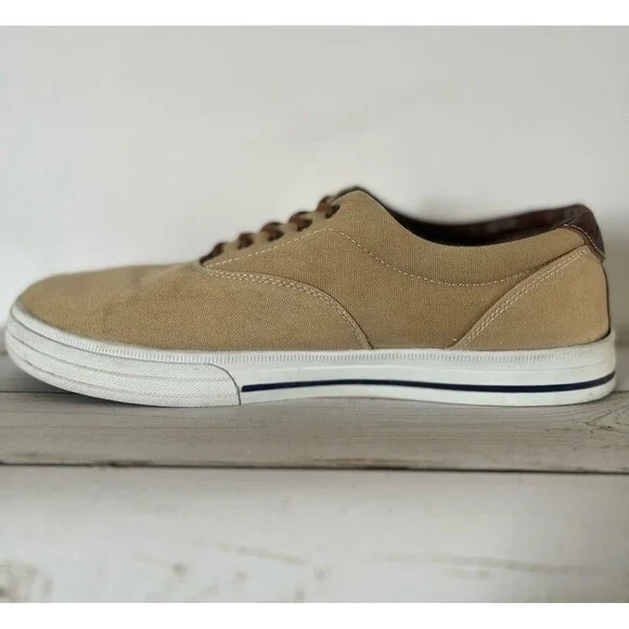 US Polo Assn Tan Canvas Low Cut Lace Up Sneakers Deck Shoes Plaid Lining US 13