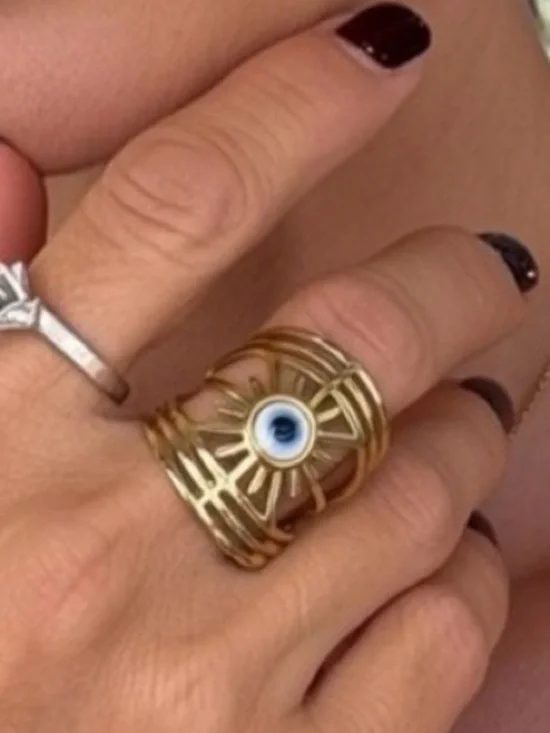 Gold Plated Stainless Steel Statement Evil Eye Ring Sunburst Design Adjustable