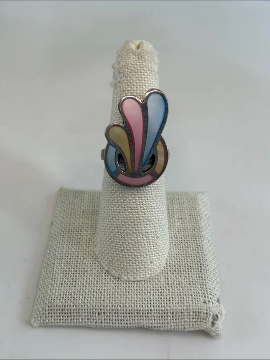 Vintage Sterling Silver Pastel Shell Inlay Modernist Statement Ring - Size 6.5