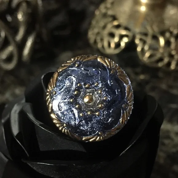 Blue Czech Glass Button Gold Filled Wire Ring