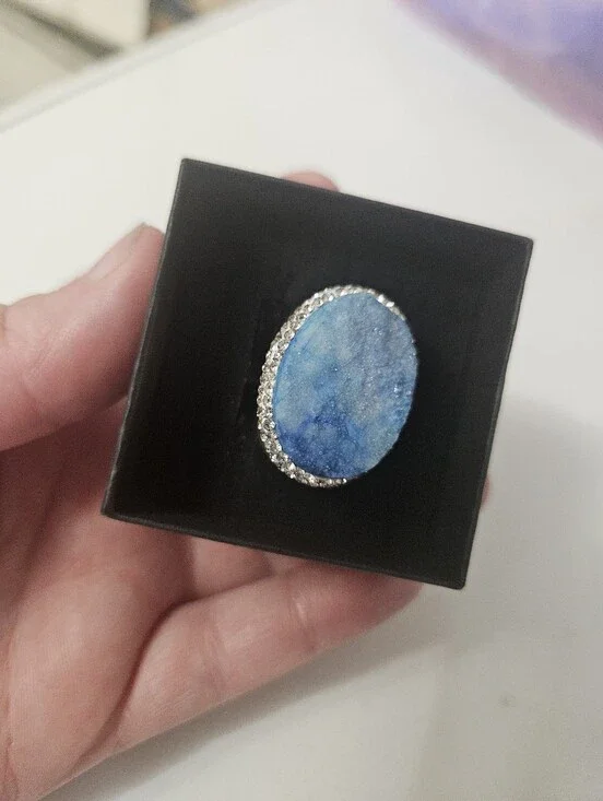Blue Apatite Adjustable Druzy Gold Tone Cuff Ring Surrounded In CZ!