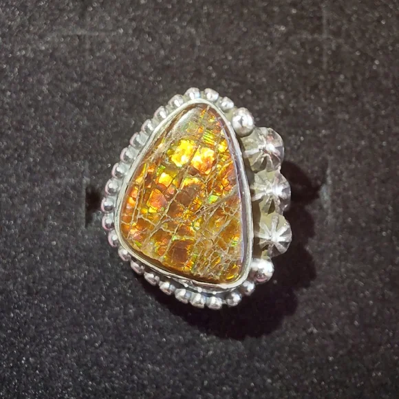 Iridescent Ammolite Silver Statement Ring Size 8.5