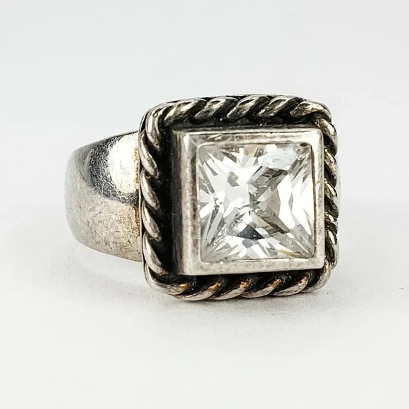 Vintage Ring Sterling Silver 925 Size 5 Square Faceted CZ Rope Border 925 7.8g
